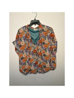 Entro Women's Large Floral Ruffle Neck Blouse Blue Orange Short Sleeve Lined